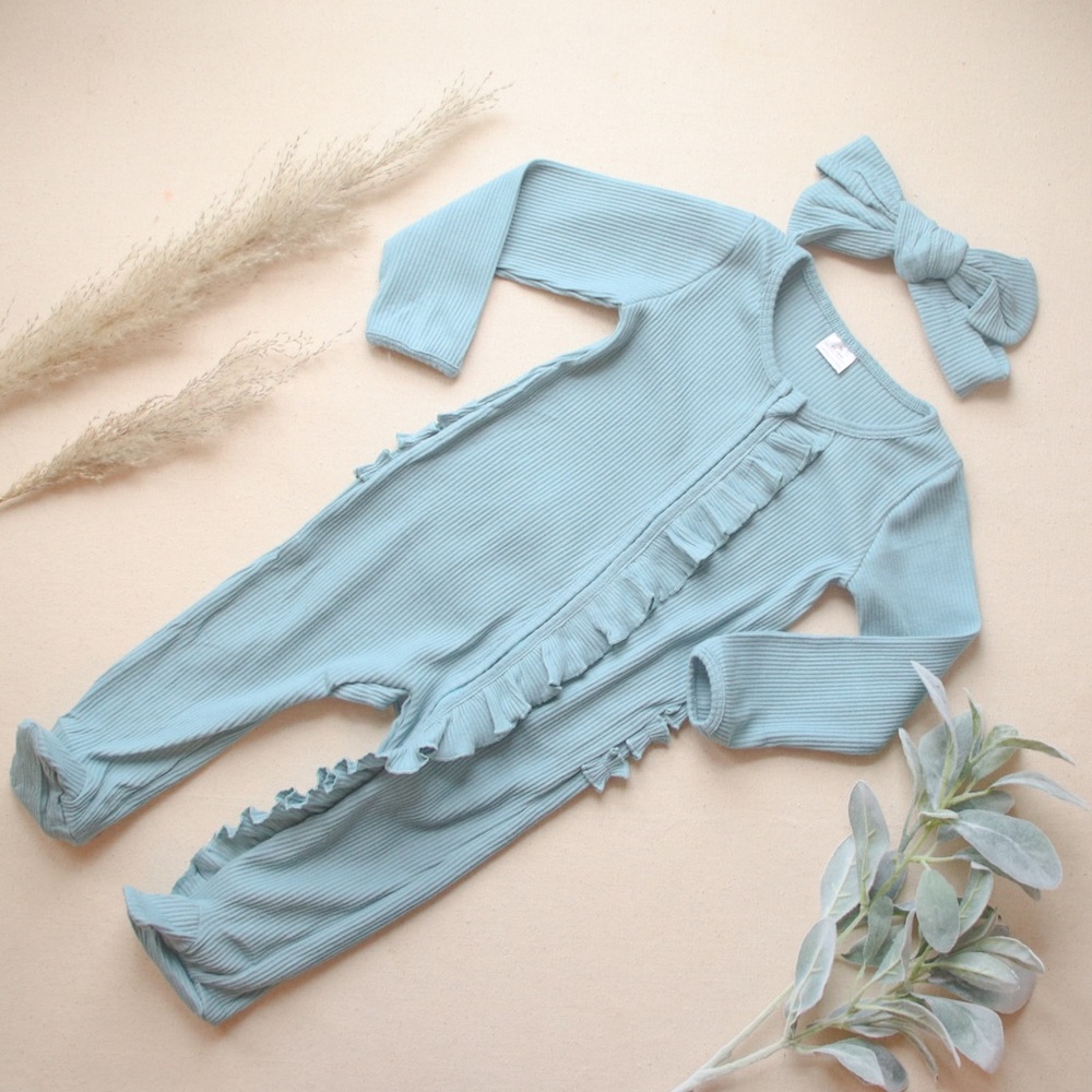 Ruffled One Piece Pajama Set Ice Blue